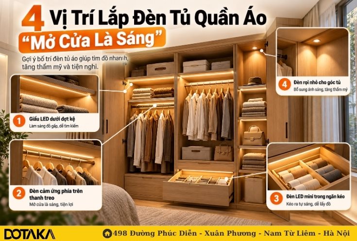 4 Vị Trí Lắp Đèn Tủ Quần Áo "Mở Cửa Là Sáng"