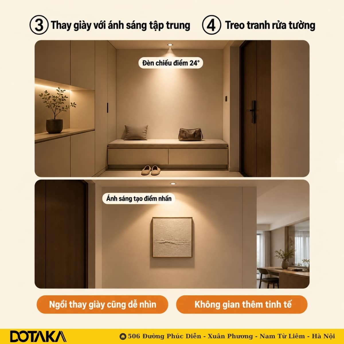 Đèn chiếu điểm 24° giúp ngồi thay giày dễ nhìn và tạo điểm nhấn cho tranh treo tường.