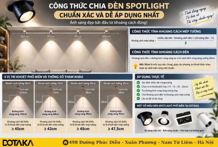 Công thức chia đèn spotlight chuẩn xác và dễ áp dụng nhất