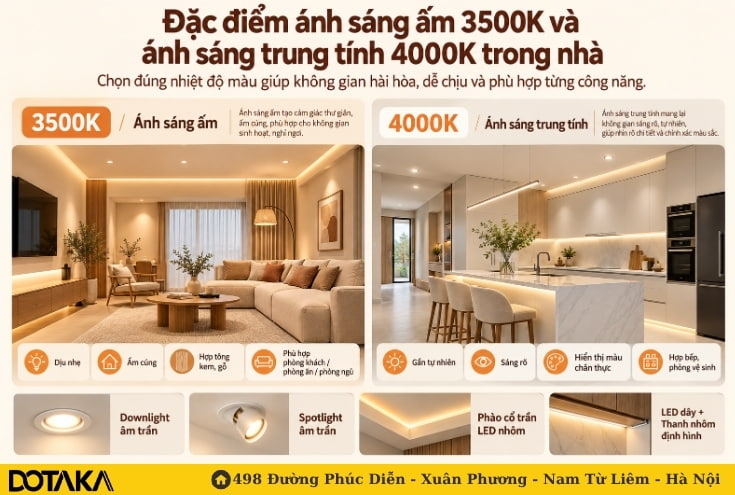 Đặc điểm ánh sáng ấm 3500K và ánh sáng trung tính 4000K trong nhà