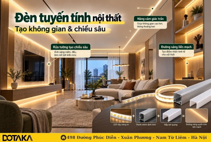 Đèn tuyến tính nội thất: Giải pháp ánh sáng tạo không gian và chiều sâu