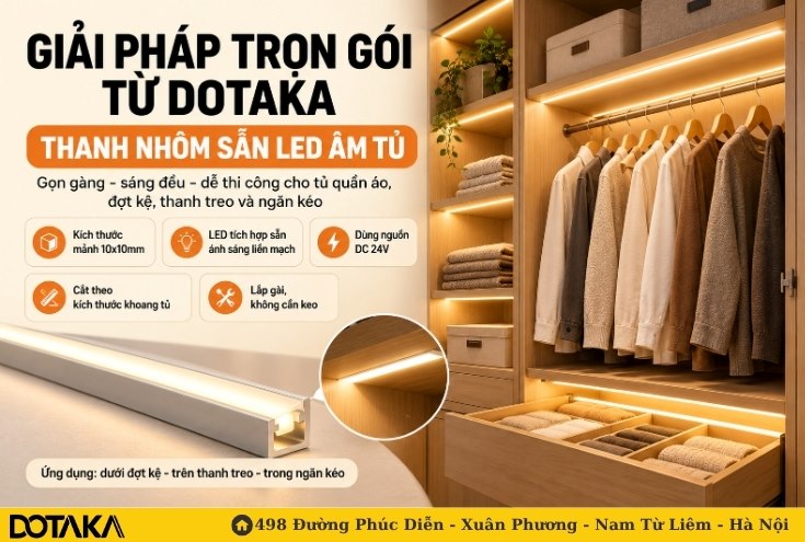 Giải pháp trọn gói từ DOTAKA: Thanh nhôm sẵn LED âm tủ