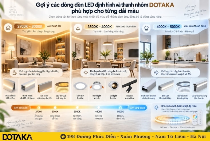 Gợi ý các dòng đèn LED định hình và thanh nhôm DOTAKA phù hợp cho từng dải màu