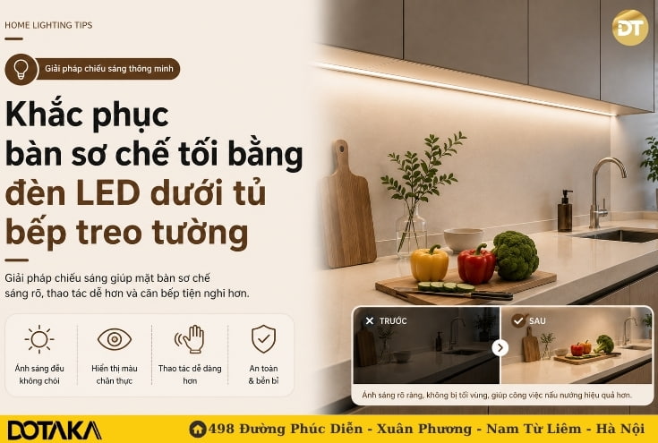 Khắc phục bàn sơ chế tối bằng đèn LED dưới tủ bếp treo tường