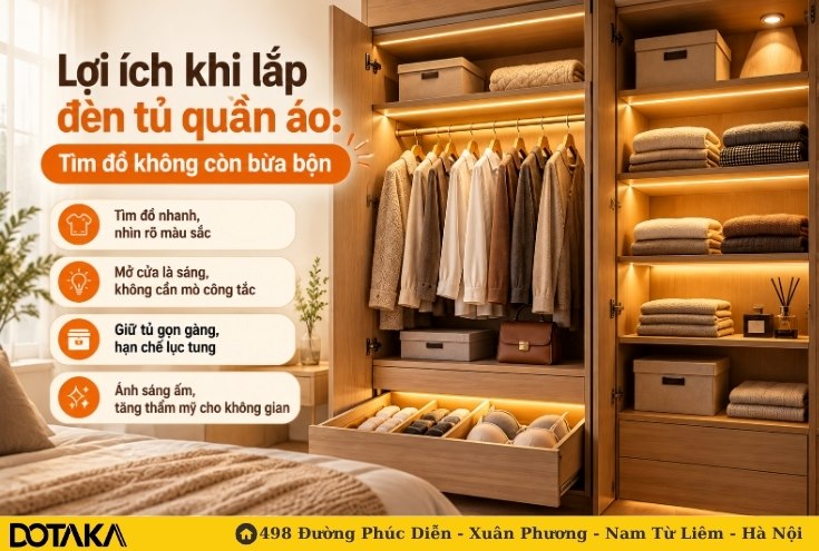 Lợi ích khi lắp đèn tủ quần áo: Tìm đồ không còn bừa bộn