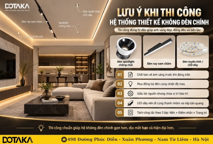 Lưu ý khi thi công hệ thống thiết kế không đèn chính