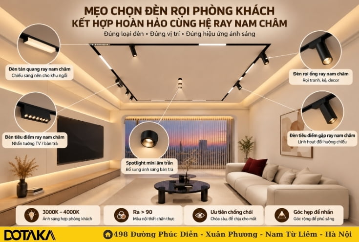 Mẹo chọn đèn rọi phòng khách kết hợp hoàn hảo cùng hệ ray nam châm