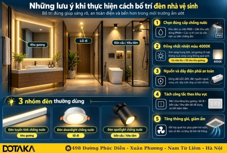 Những lưu ý khi thực hiện cách bố trí đèn nhà vệ sinh