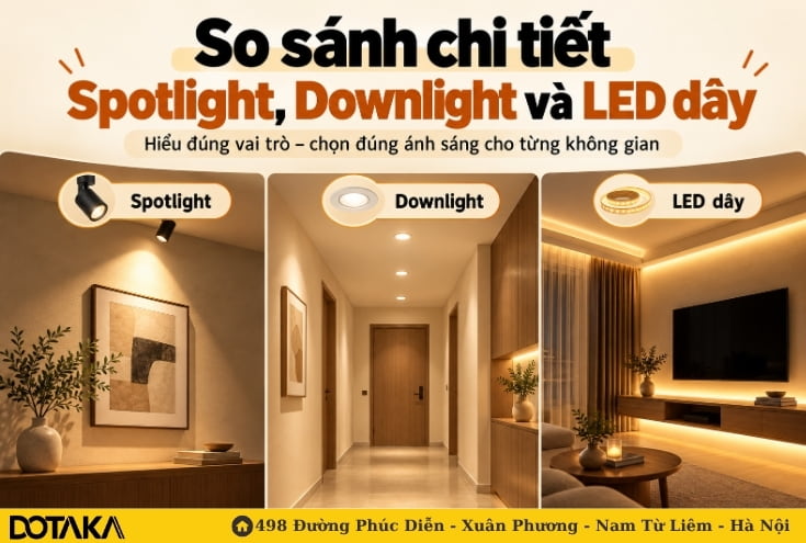 So sánh chi tiết Spotlight, Downlight và LED dây