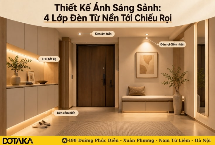 Thiết Kế Ánh Sáng Sảnh: 4 Lớp Đèn Từ Nền Tới Chiếu Rọi