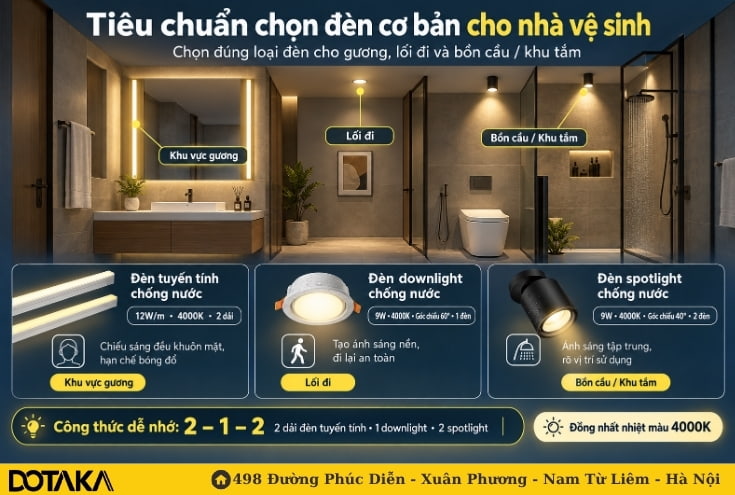 Tiêu chuẩn chọn đèn cơ bản cho nhà vệ sinh