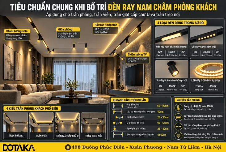 Tiêu chuẩn chung khi bố trí đèn ray nam châm phòng khách