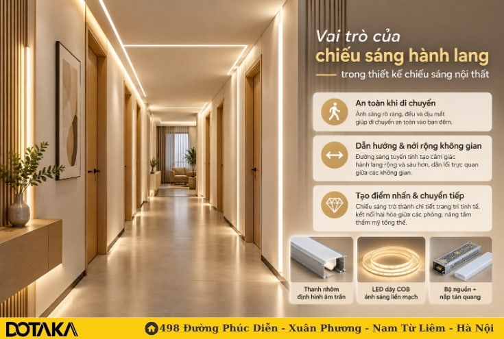 Cùng một hành lang, 6 cách đi đường sáng LED âm trần tạo ra 6 cảm giác không gian khác nhau.