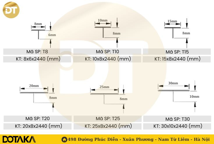 Những kích thước Nẹp T inox
