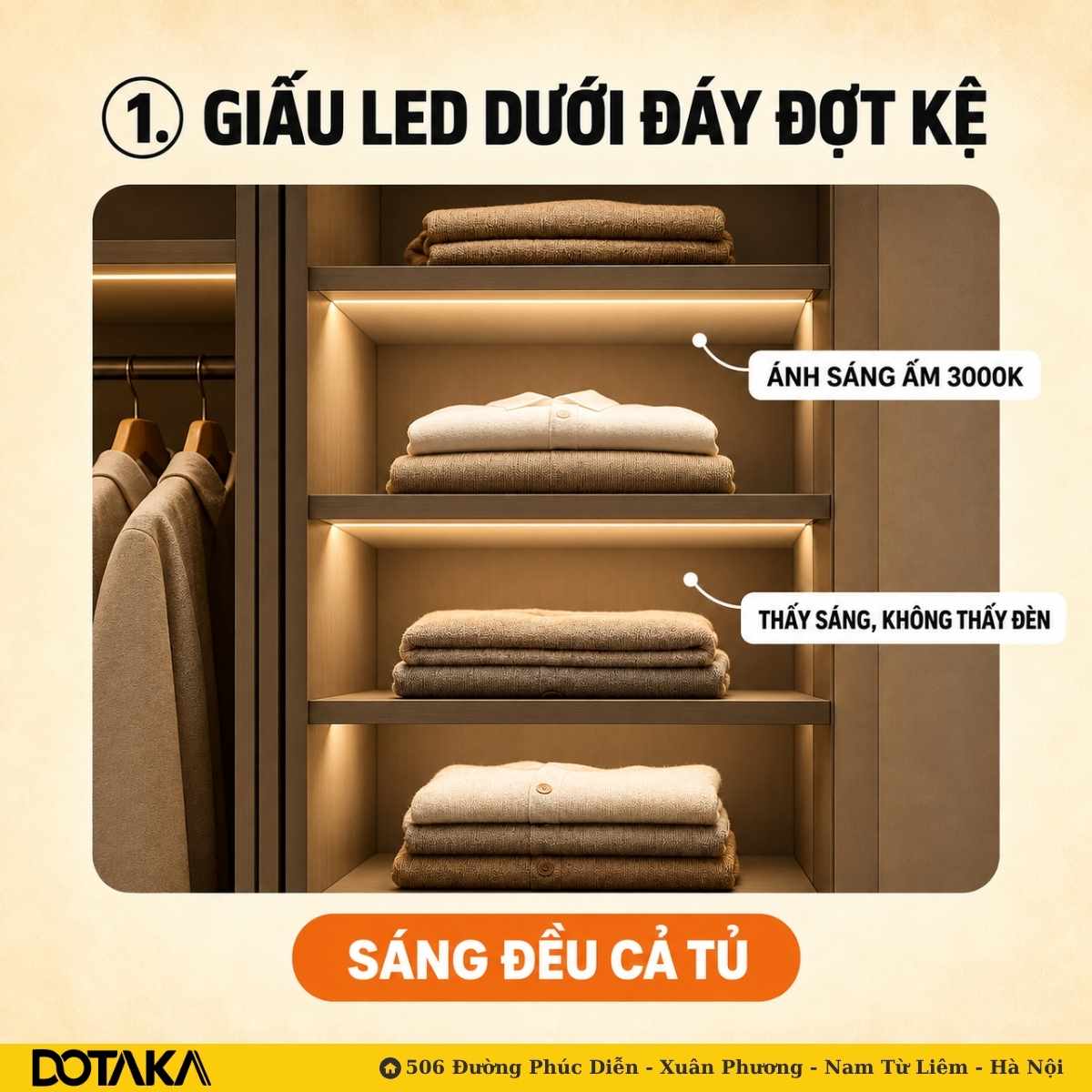 Vị trí 1: Giấu đèn LED dưới đáy đợt kệ