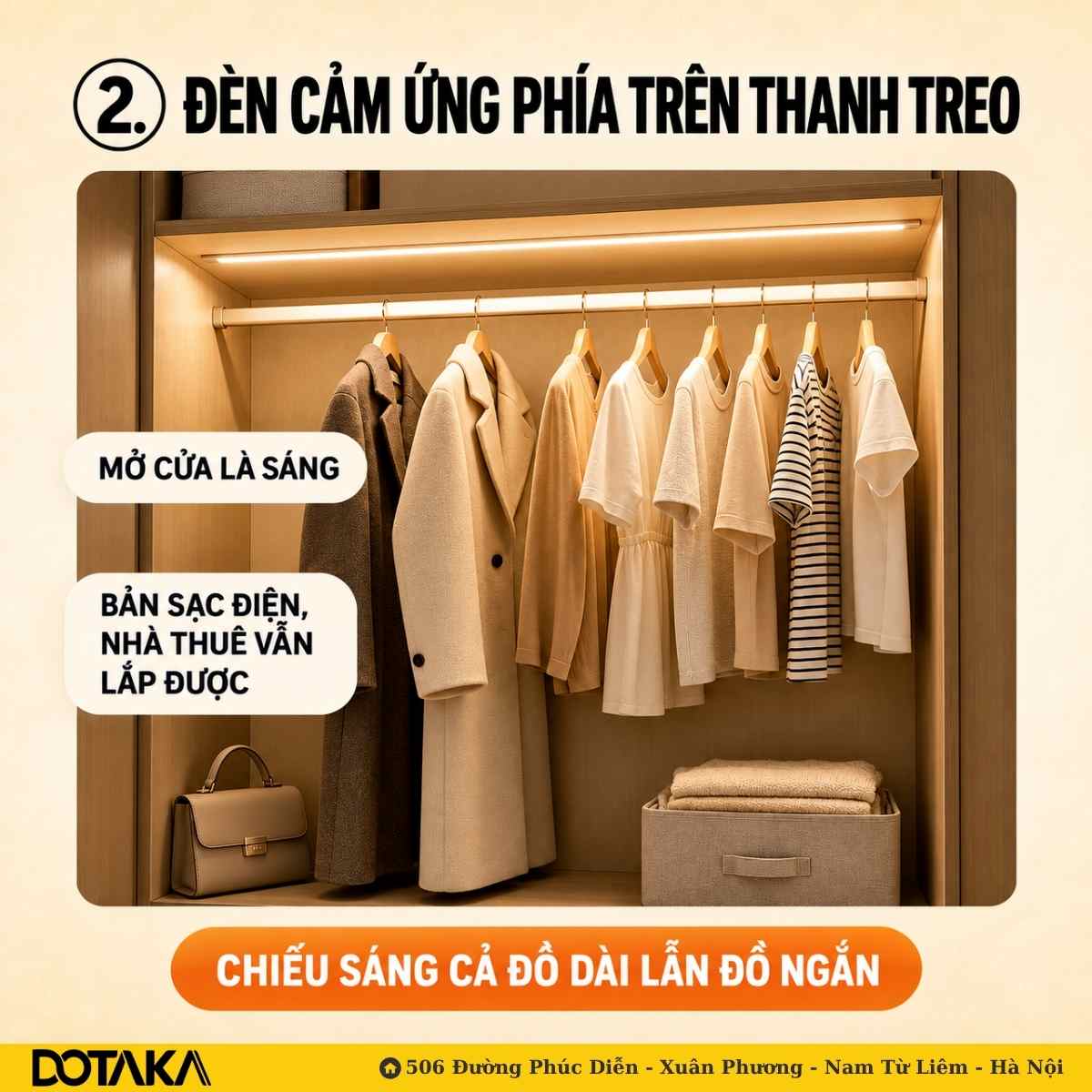 Vị trí 2: Lắp đèn cảm ứng thông minh phía trên thanh treo
