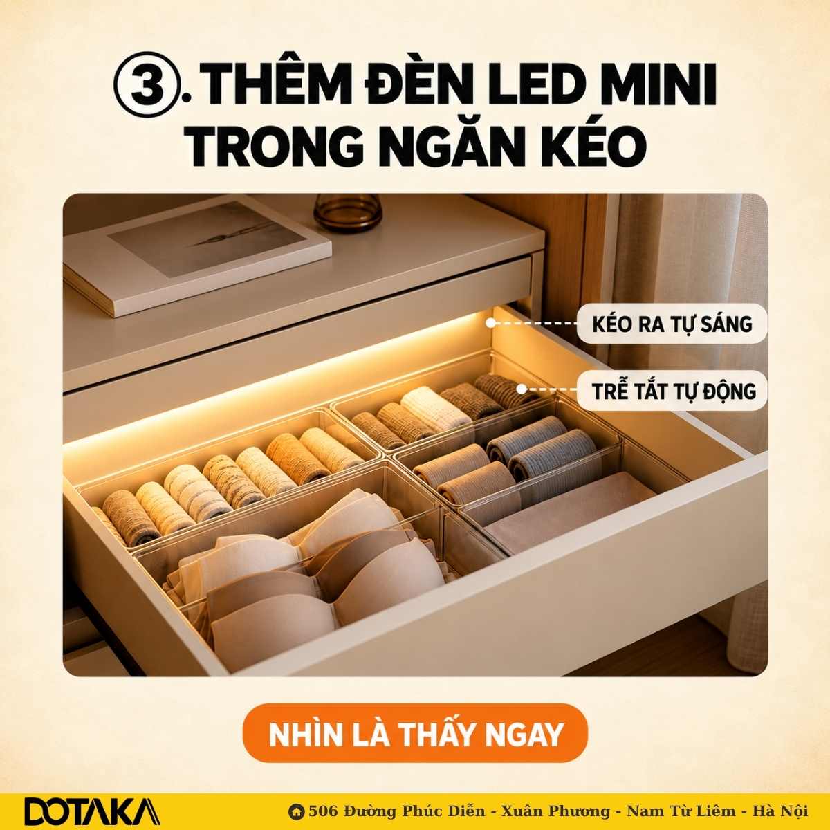 Vị trí 3: Thêm đèn LED mini trong ngăn kéo tủ
