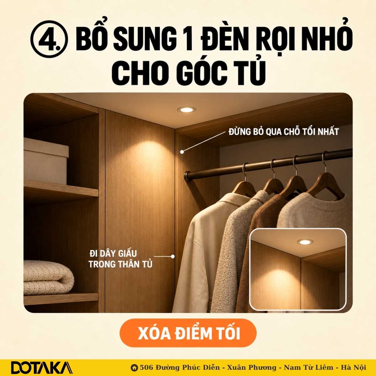 Vị trí 4: Bổ sung 1 đèn rọi nhỏ cho góc tủ