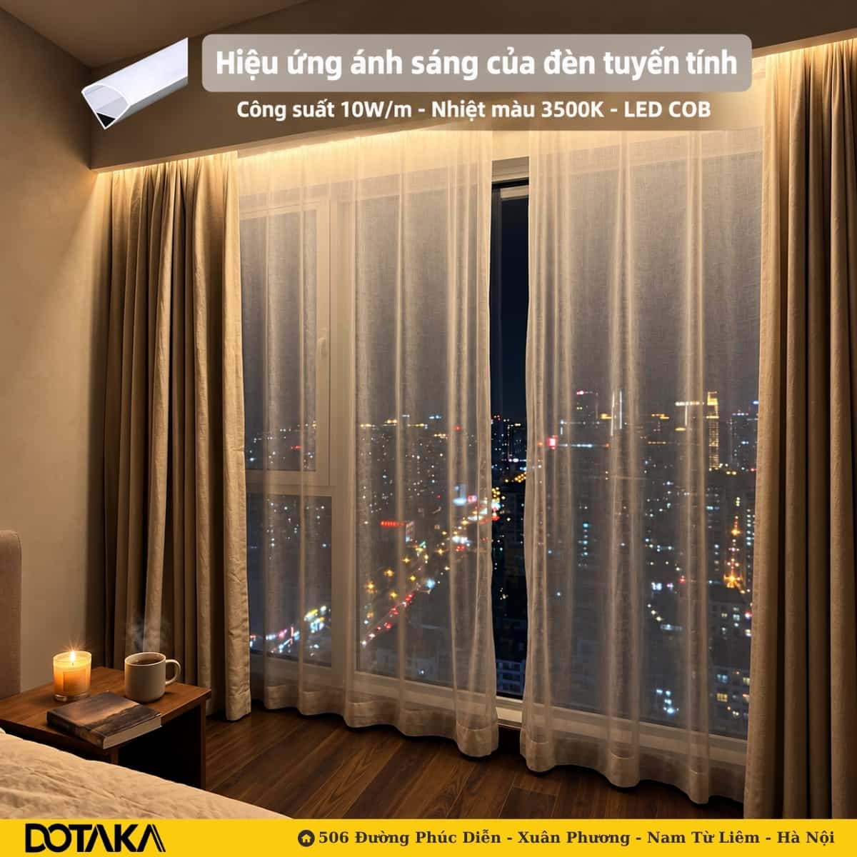 Thanh nhôm hắt sáng đặt trong hộp rèm, ánh sáng chảy dọc mặt vải từ trên xuống.