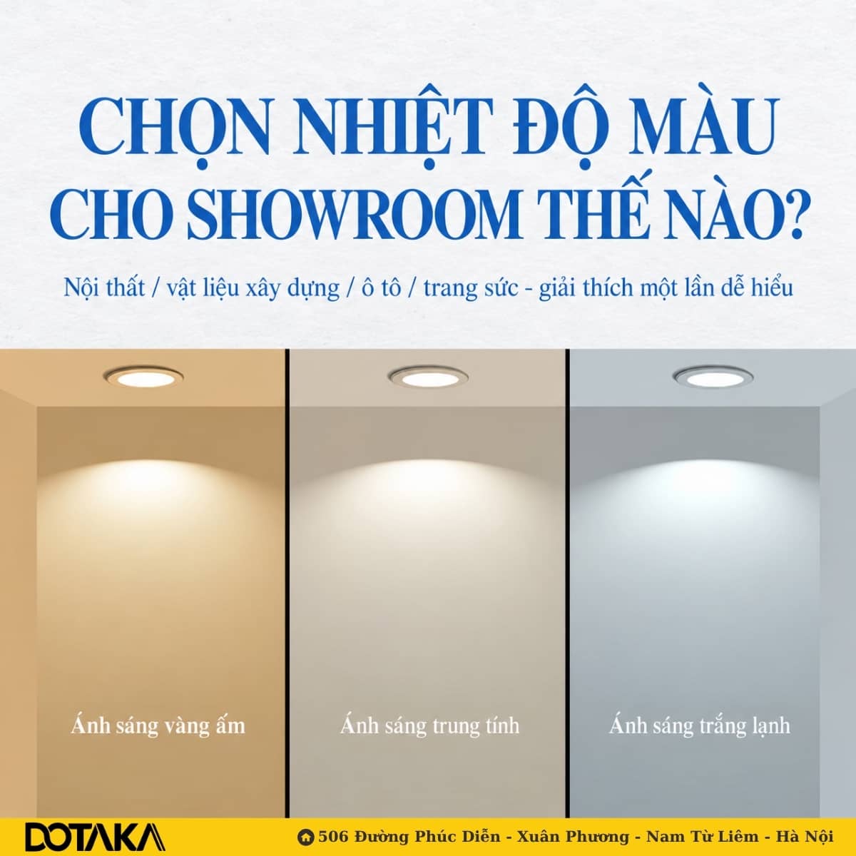 Cùng một bức tường, cùng một chiếc đèn âm trần: ánh sáng vàng ấm, trung tính và trắng lạnh tạo ra ba không khí hoàn toàn khác nhau.