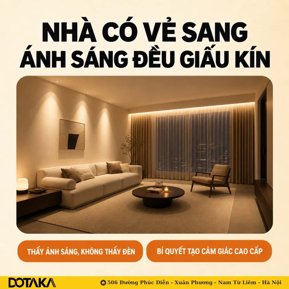 Ánh sáng hắt từ hộp rèm và vệt sáng đèn âm trần trên tường – phòng khách sang trọng mà không lộ một bóng đèn nào.