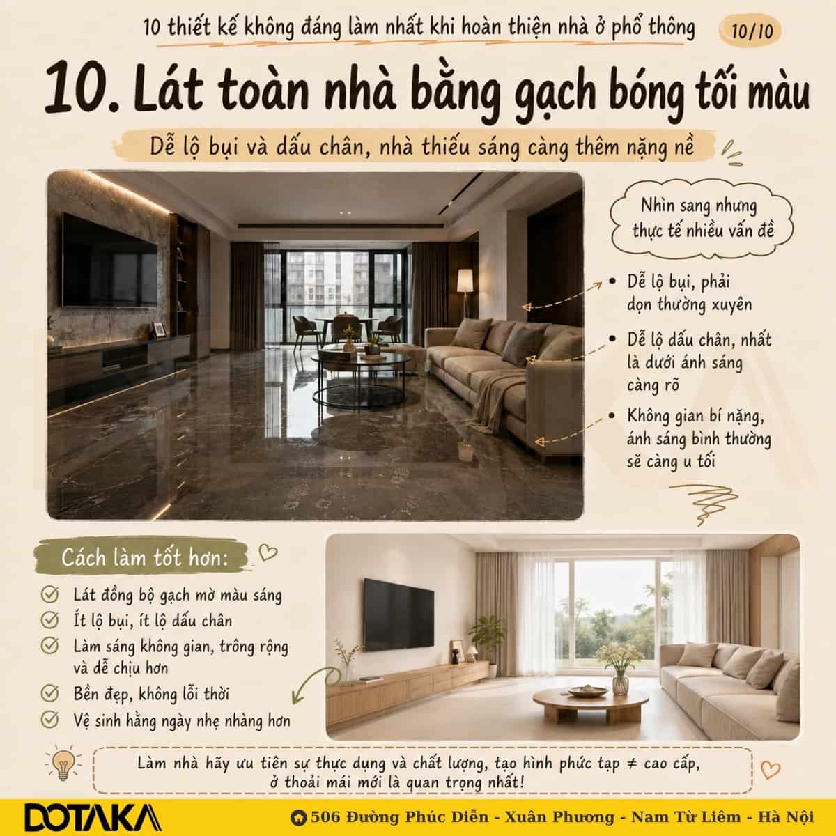 Sai lầm 10: Lát toàn nhà bằng gạch bóng tối màu làm không gian bí bách