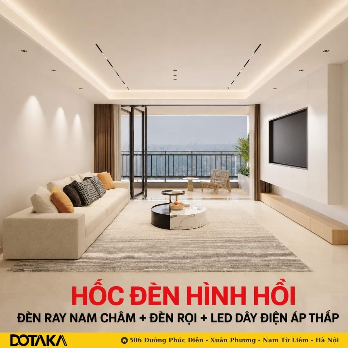 Hốc đèn hình hồi: dải sáng chạy khép kín tạo khung, phần trần giữa như được nâng lên.