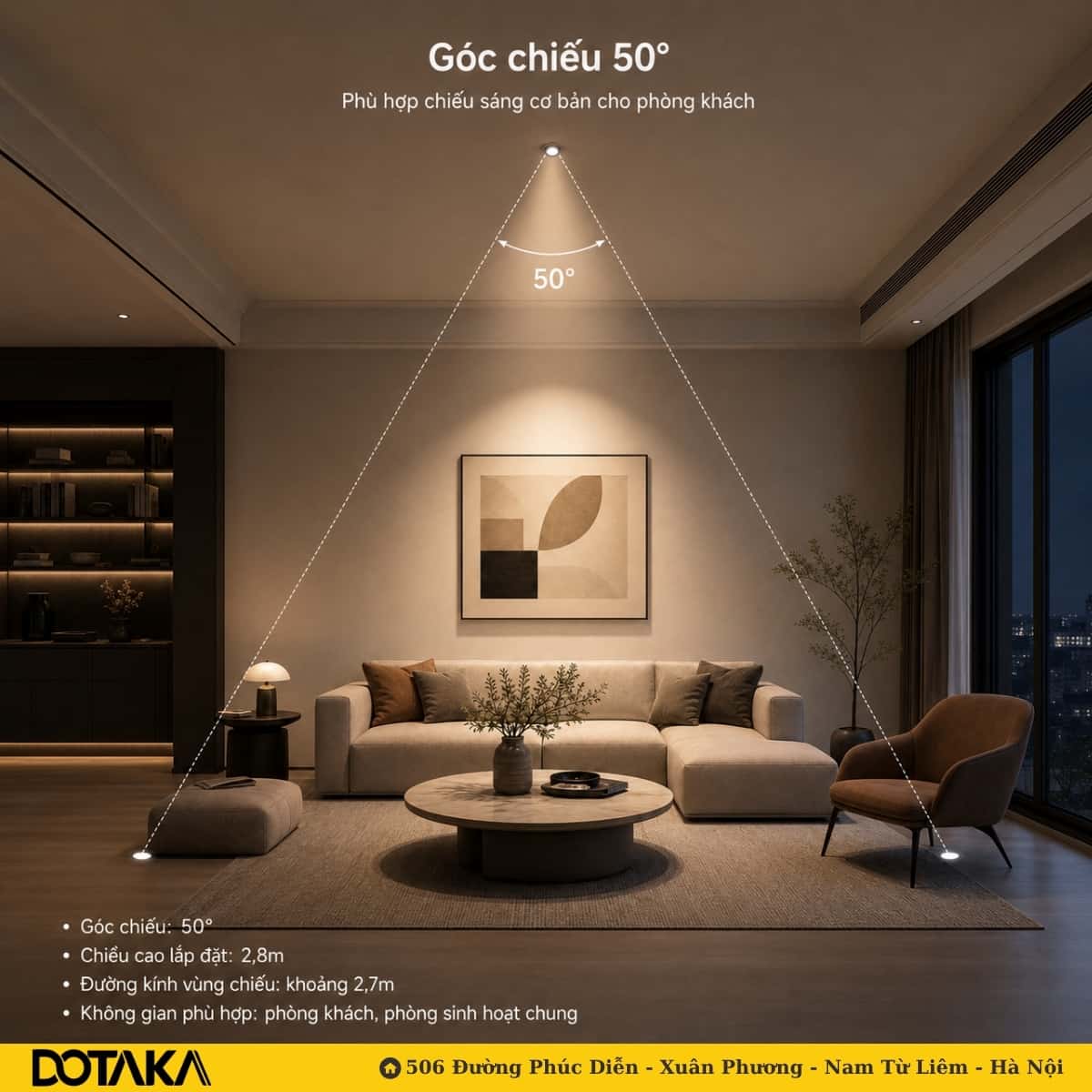 Góc chiếu 50°: Ánh sáng đều, dễ chịu cho chiếu sáng cơ bản