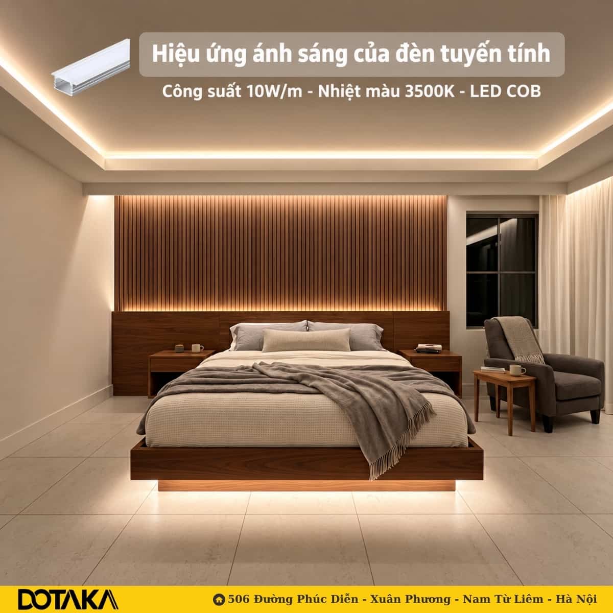 Ba tuyến sáng trong một phòng ngủ: hắt trần giật cấp, viền vách đầu giường và gầm giường.