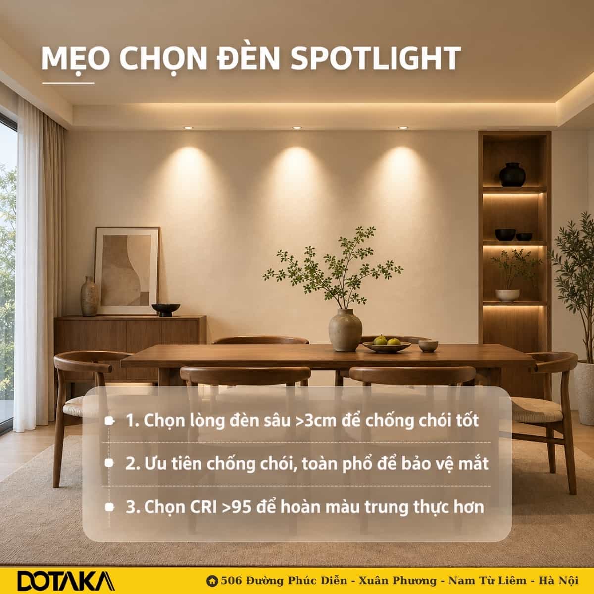Ba spotlight rọi vách tạo chiều sâu cho phòng ăn mà không cần đèn chùm.