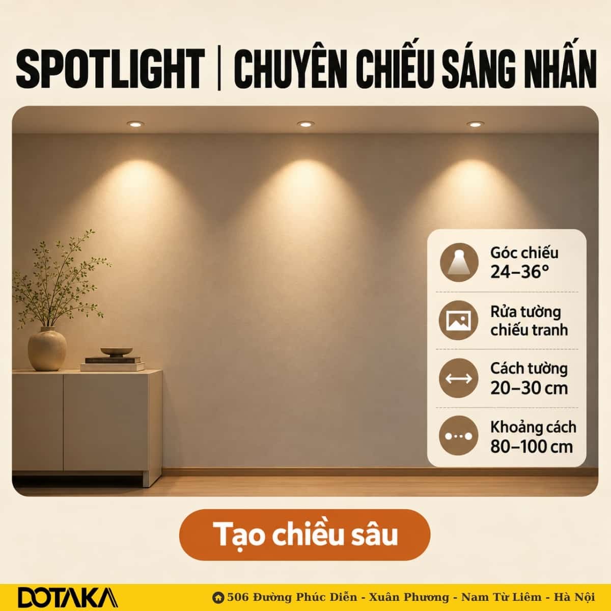 Ba đèn spotlight cách tường 20–30 cm tạo các vệt sáng đều nhịp trên mảng tường