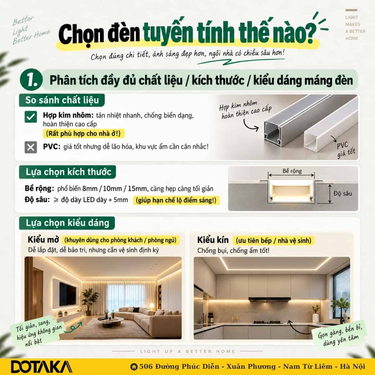 Ba tiêu chí chọn máng đèn tuyến tính: chất liệu, kích thước và kiểu dáng.