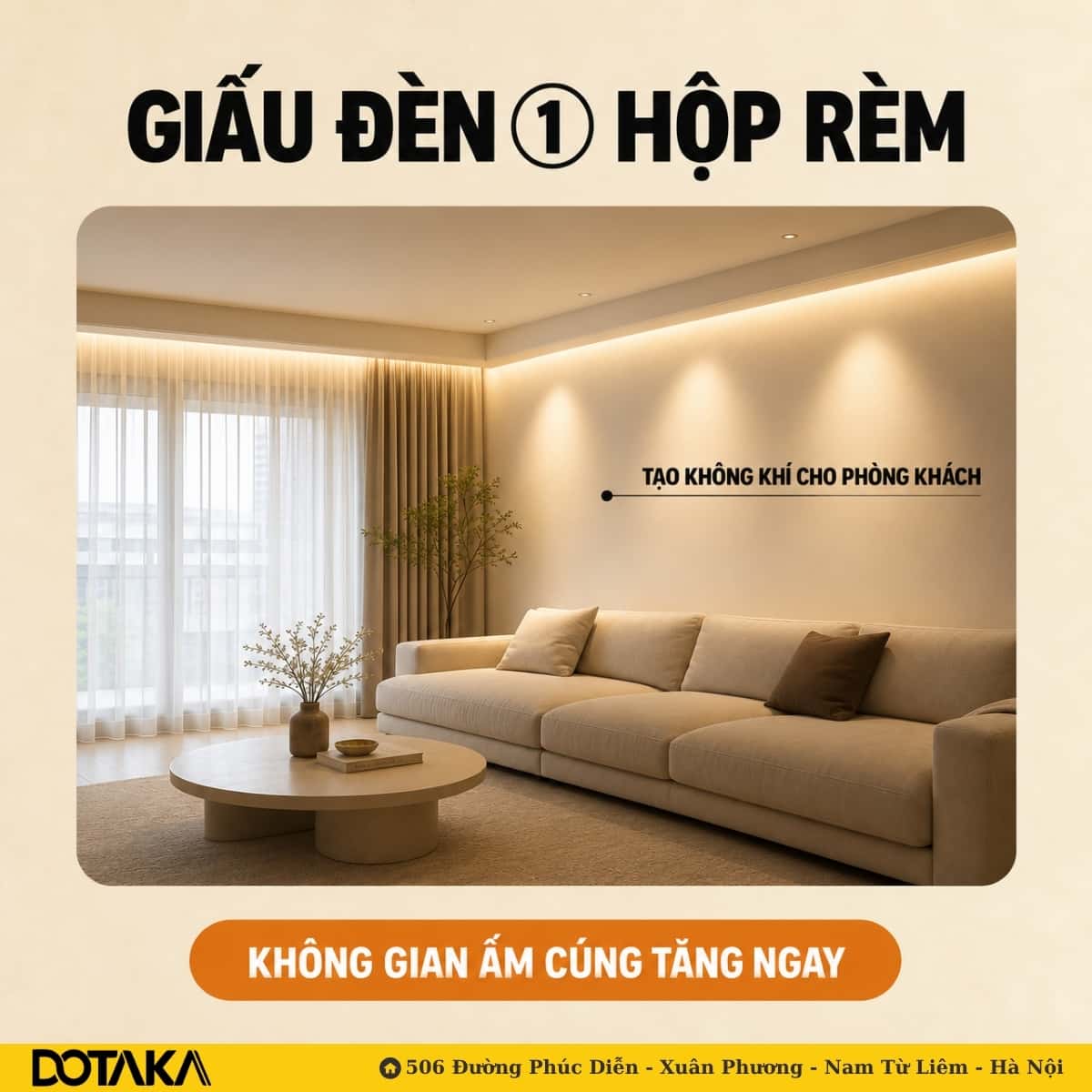 Dải LED giấu trong hộp rèm biến cả mảng rèm thành "bức tường ánh sáng" cho phòng khách.