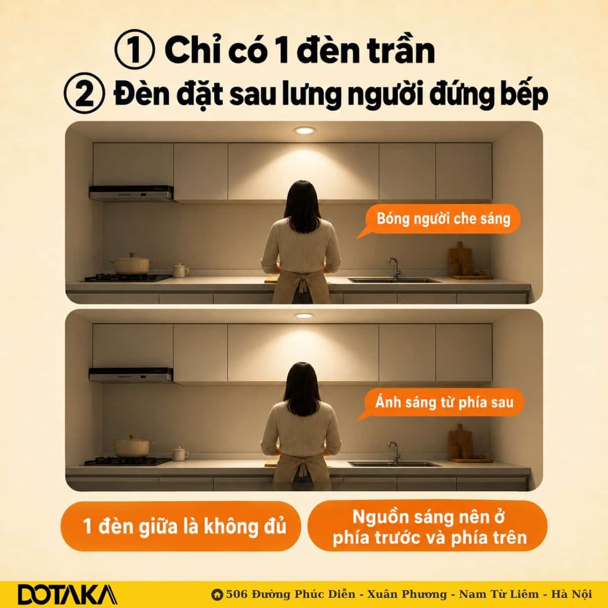 Một đèn trần giữa bếp nằm sau lưng người nấu: bóng người che kín vùng mặt bàn đang thao tác.
