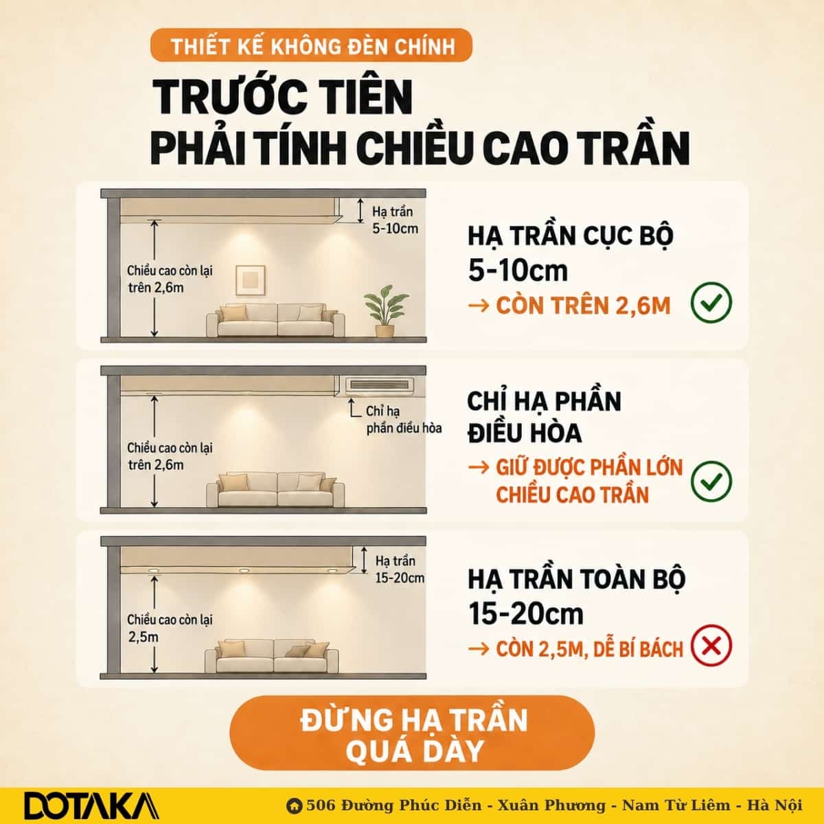 Ba cách làm trần và chiều cao còn lại tương ứng với trần 2,7m.