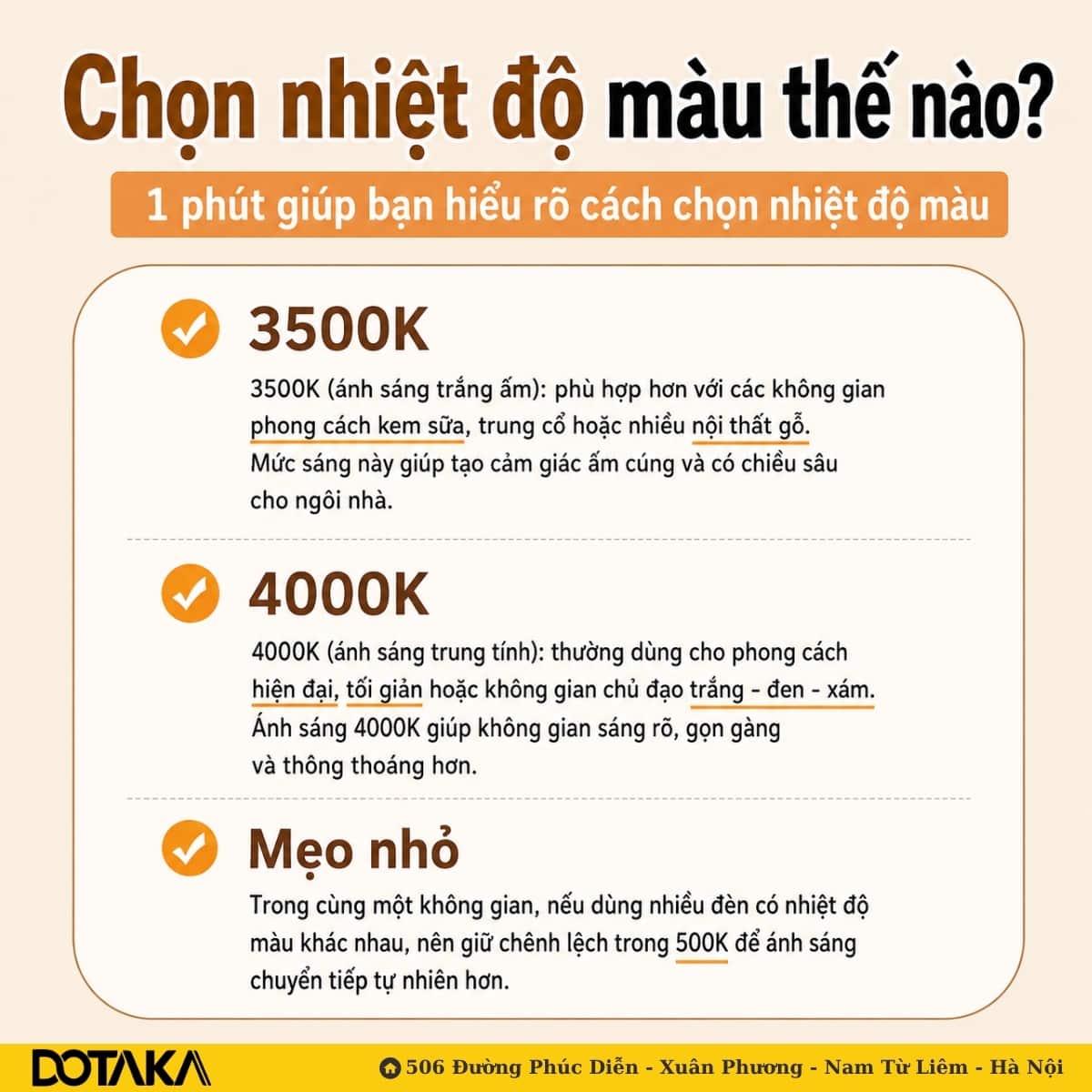Bảng tra nhanh: 3500K cho không gian ấm, 4000K cho không gian hiện đại, kèm nguyên tắc chênh lệch 500K.