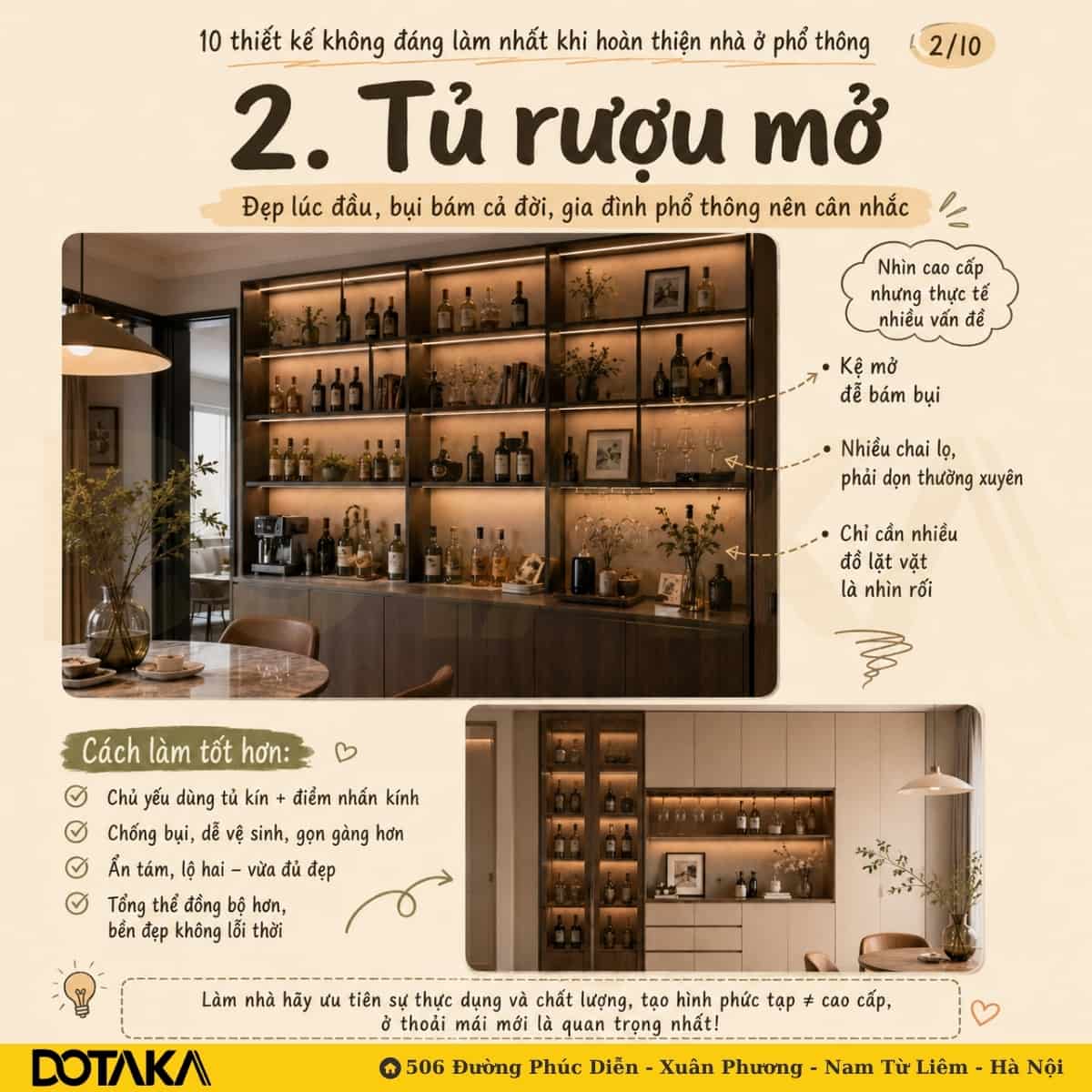 Sai lầm 2: Sử dụng tủ rượu mở - Nội thất kém thực dụng, dễ bám bụi