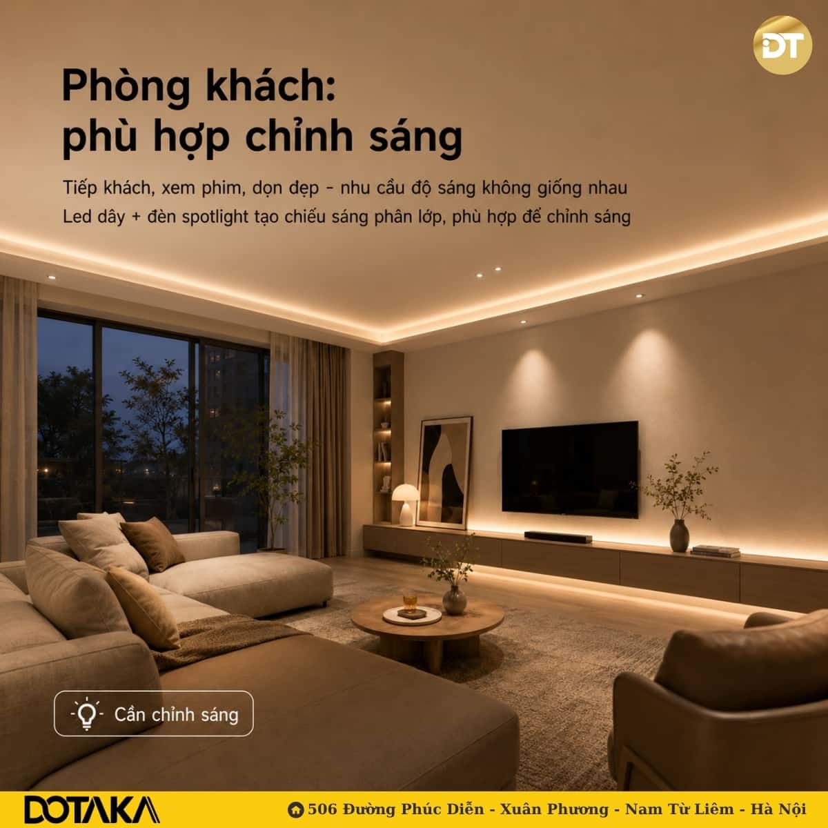 Phòng khách phù hợp lắp đèn thông minh có chế độ chỉnh sáng