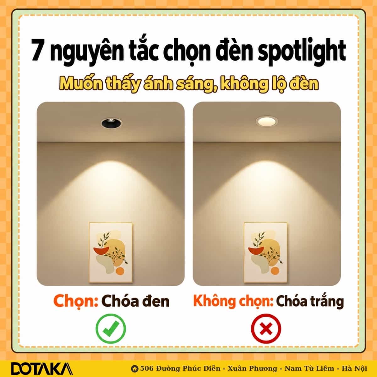 Chóa đen: mắt đi thẳng vào bức tranh (trái) – chóa trắng: mắt bị kéo lên đốm sáng trên trần (phải).