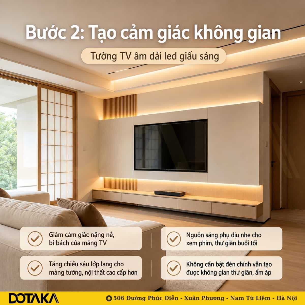 Bước 2: Tạo chiều sâu không gian với ánh sáng tường TV / tường nền