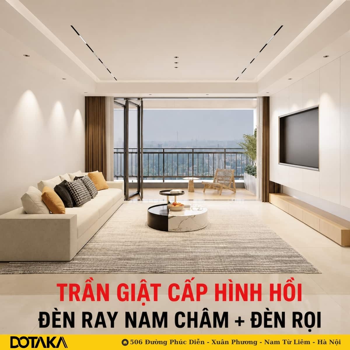 Trần giật cấp hình hồi: giữ nguyên khung 回 nhưng bỏ dải hắt, ánh sáng dồn hết vào đèn rọi và ray nam châm.