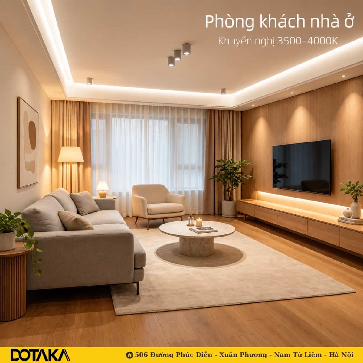 Phòng khách nhà ở dùng ánh sáng 3500K–4000K với hắt trần, đèn ống bơ gắn trần và LED dưới kệ tivi