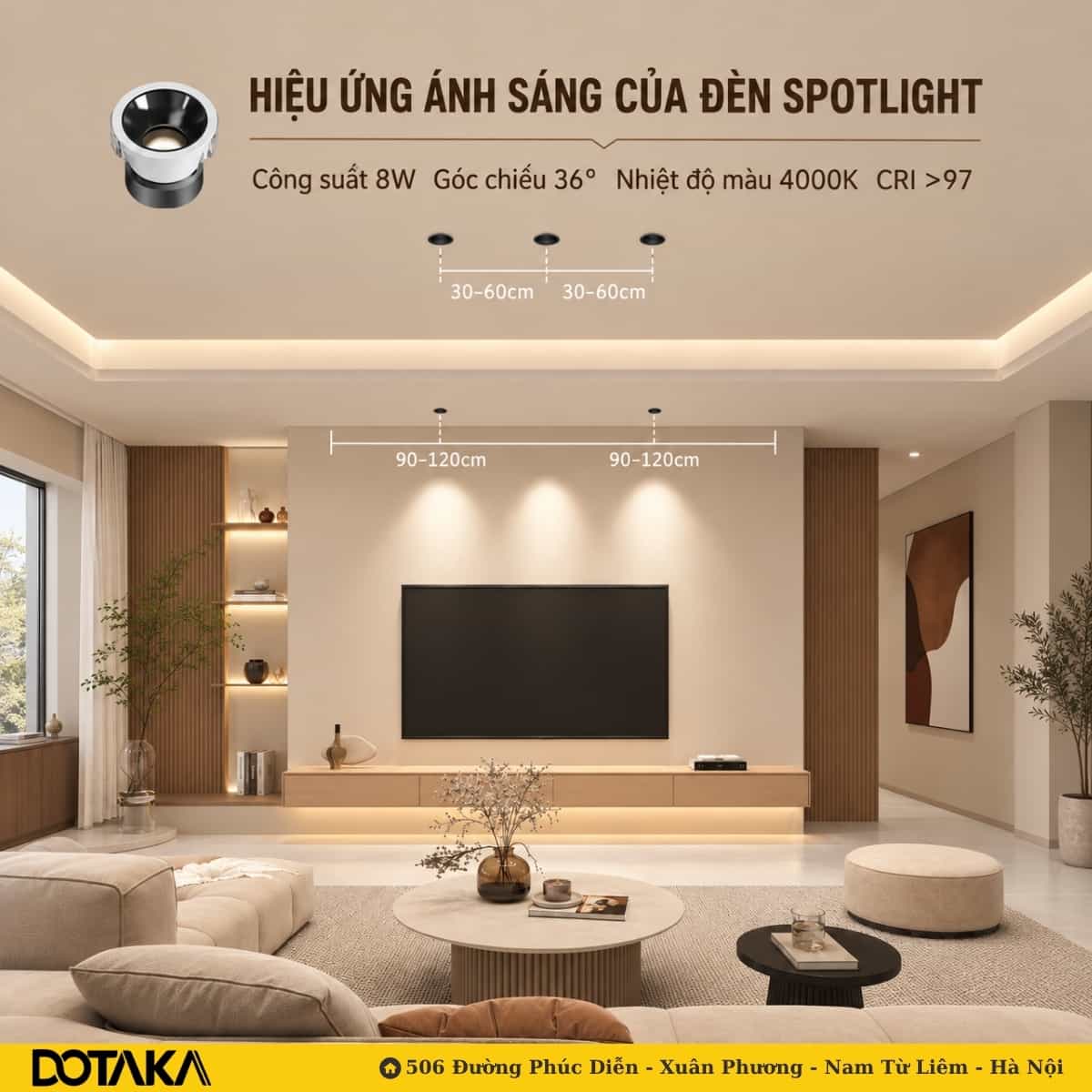 Sơ đồ nhịp đèn spotlight trên vách tivi phòng khách.