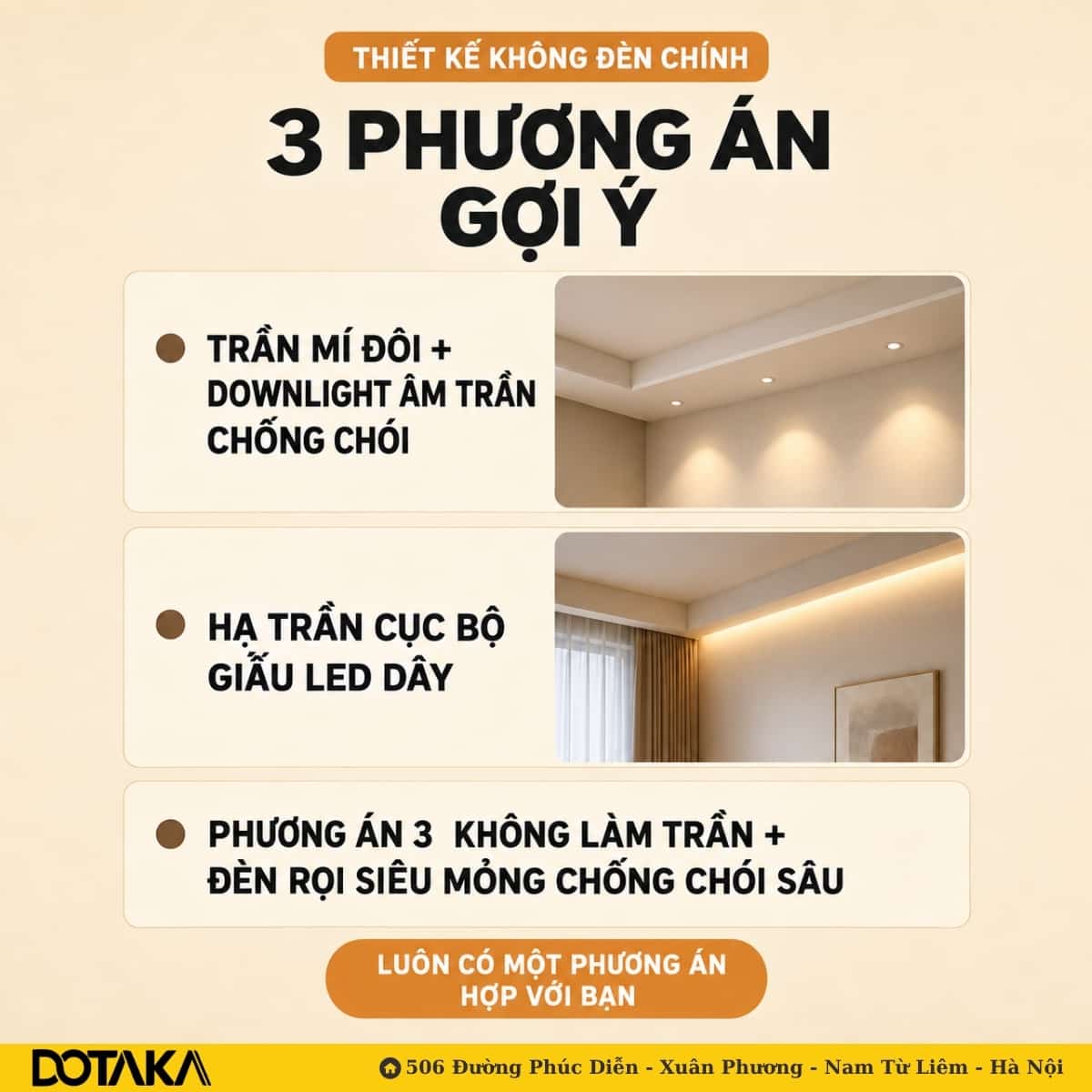 3 phương án thiết kế không đèn chính gợi ý cho trần 2,7m.