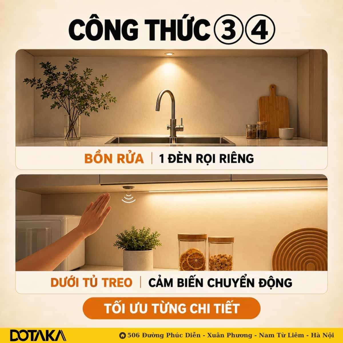 Công thức 3: một đèn rọi riêng trên bồn rửa. Công thức 4: LED dưới tủ treo dùng cảm biến vẫy tay.
