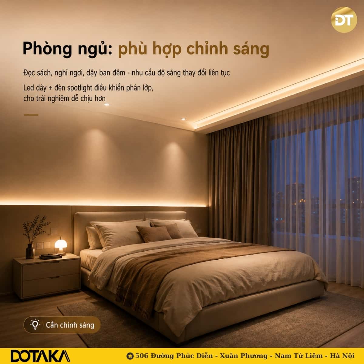Phòng ngủ phù hợp lắp đèn thông minh chỉnh sáng và chỉnh màu
