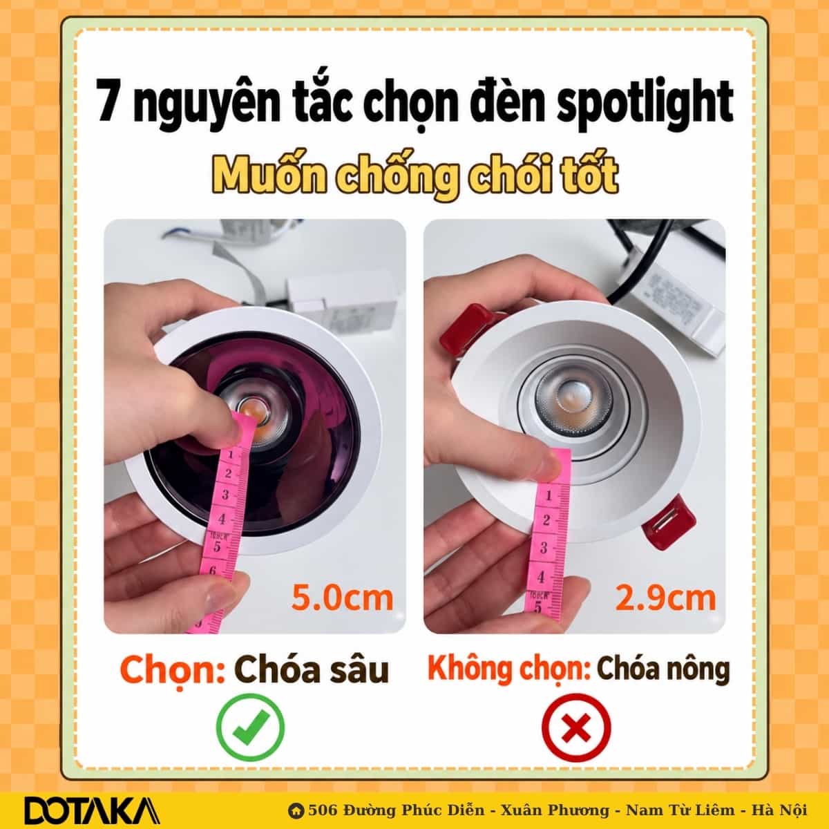 Đo thực tế: chóa sâu 5.0cm (trái) và chóa nông 2.9cm (phải).