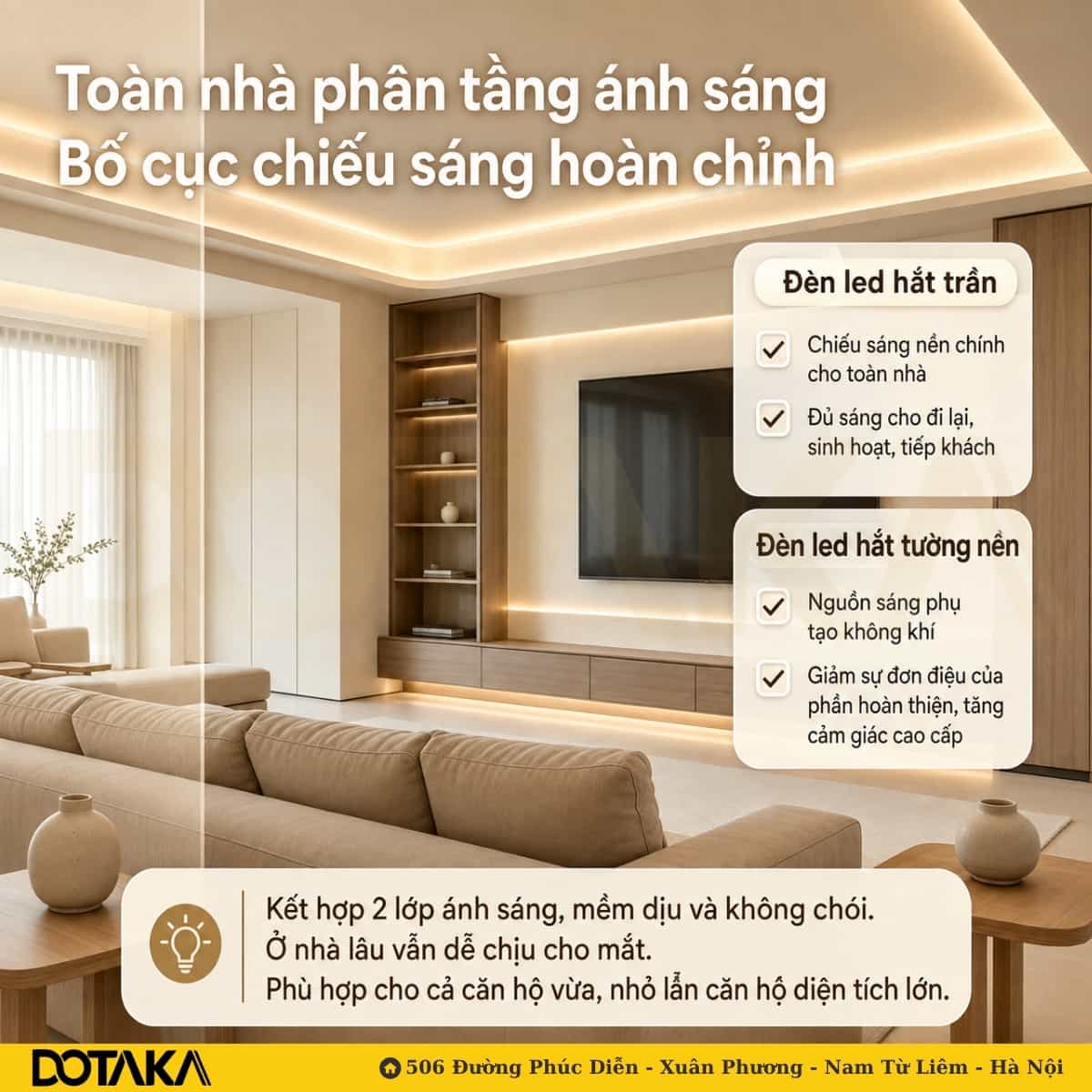 Bố trí chiếu sáng hoàn chỉnh cho cả phòng khách