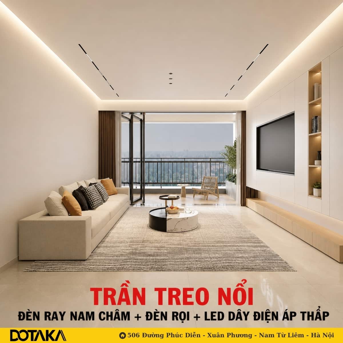 Trần treo nổi: tấm trần như tách khỏi kết cấu, ánh sáng thoát ra từ toàn bộ mép tấm.
