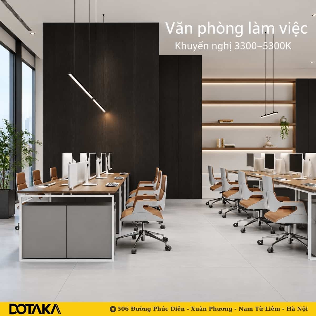 Văn phòng làm việc hiện đại với ánh sáng trắng trung tính 3300K–5300K từ đèn thả thanh và LED hắt kệ